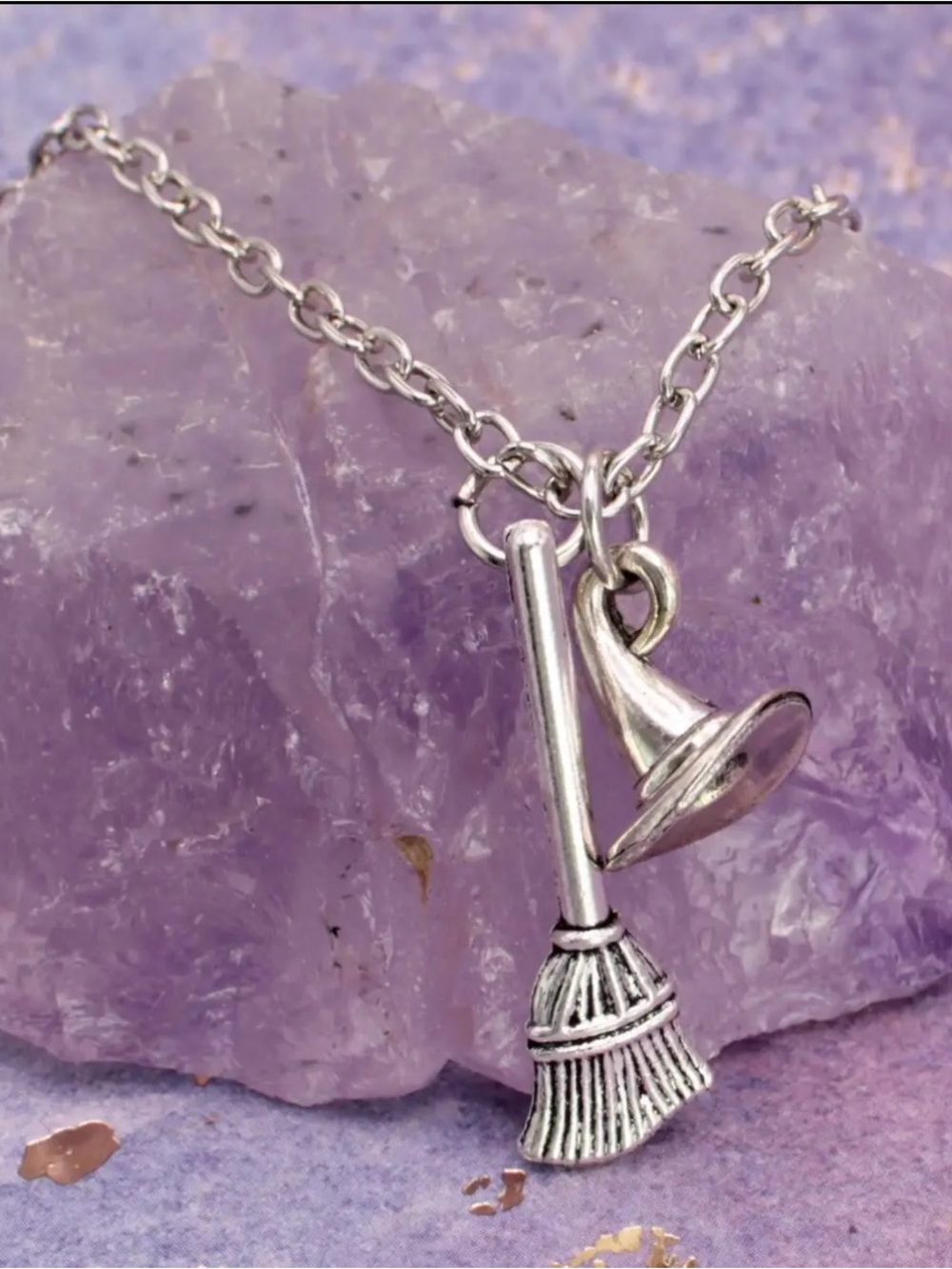 Basic Witch Broom & Hat Pendant Halloween Necklace